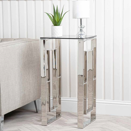 Product photograph of Athens Smoked Glass End Table Tall With Chrome Metal Base from Furniture in Fashion