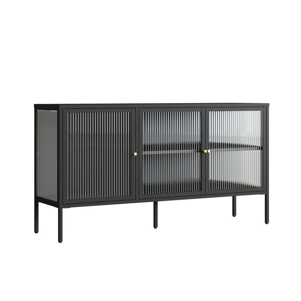 Athero Metal Sideboard with 3 Fluted Glass Doors in Black