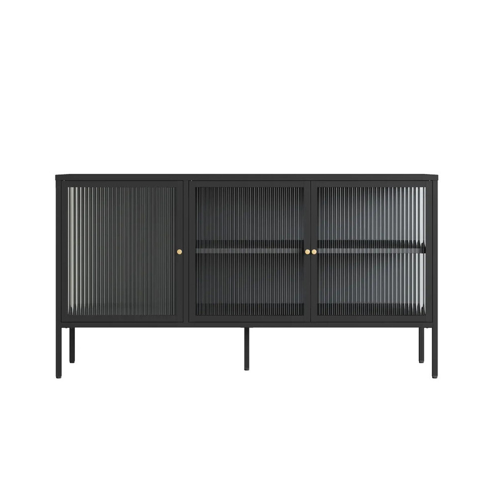 Athero Metal Sideboard with 3 Fluted Glass Doors in Black