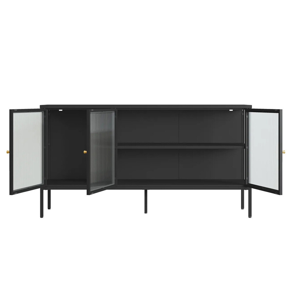 Athero Metal Sideboard with 3 Fluted Glass Doors in Black