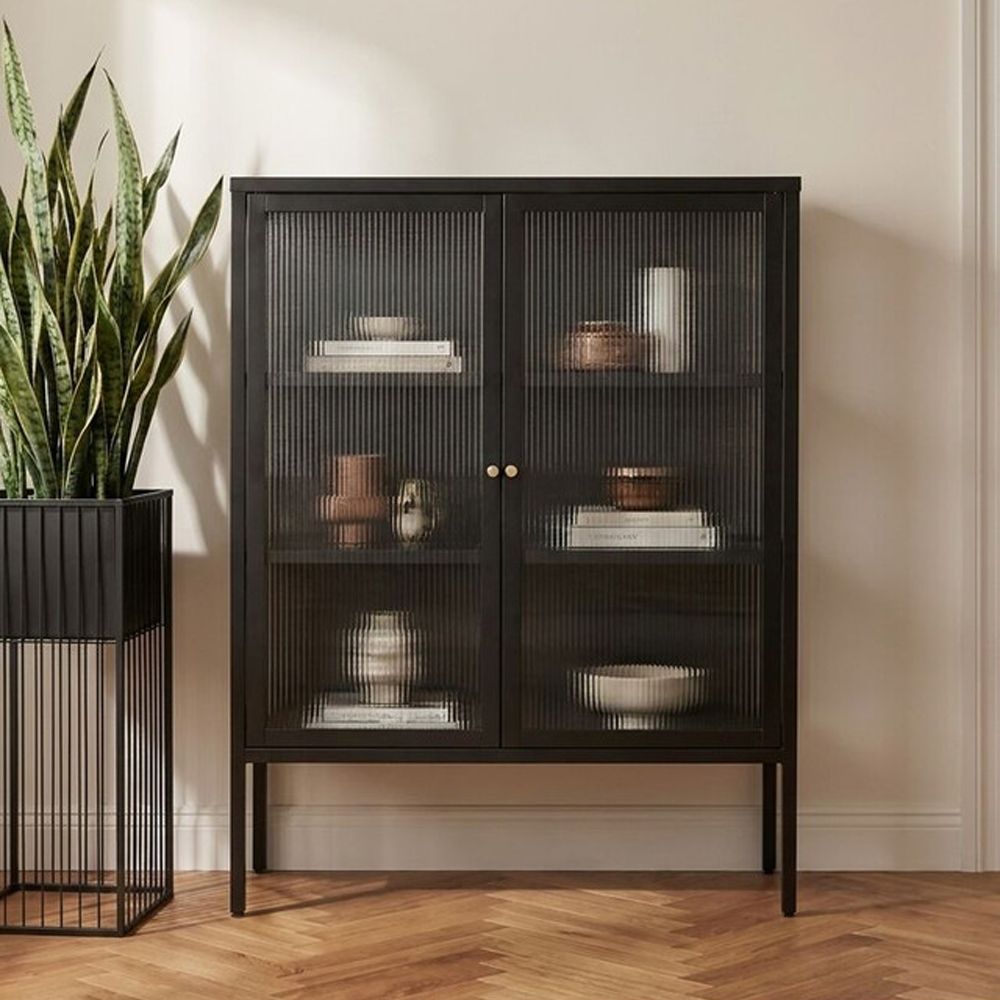 Athero Metal Storage Cabinet with 2 Fluted Glass Doors in Black