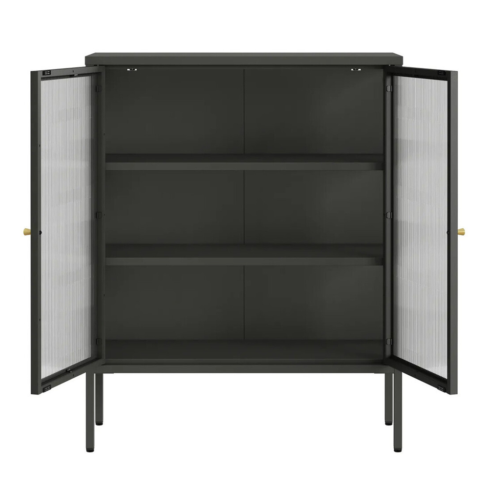 Athero Metal Storage Cabinet with 2 Fluted Glass Doors in Black