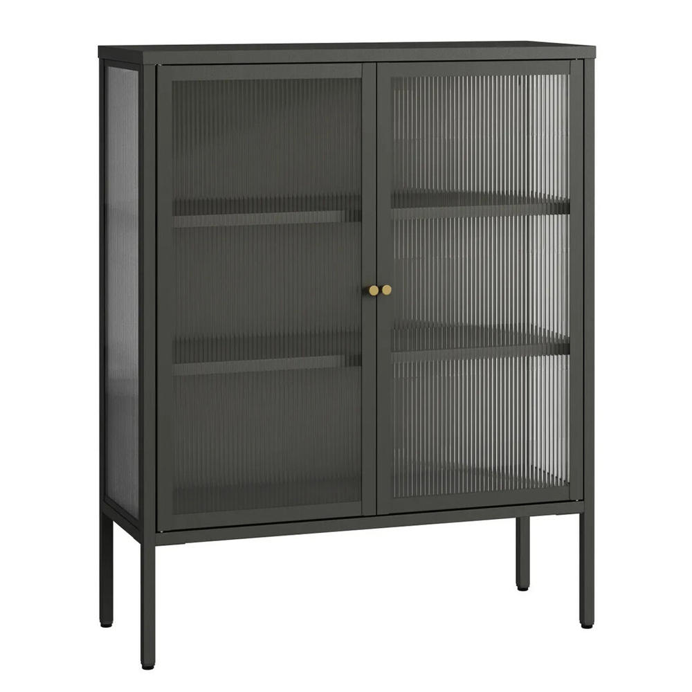 Athero Metal Storage Cabinet with 2 Fluted Glass Doors in Black