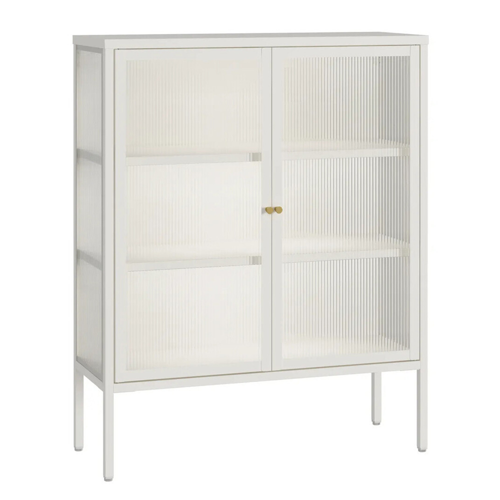 Athero Metal Storage Cabinet with 2 Fluted Glass Doors in White
