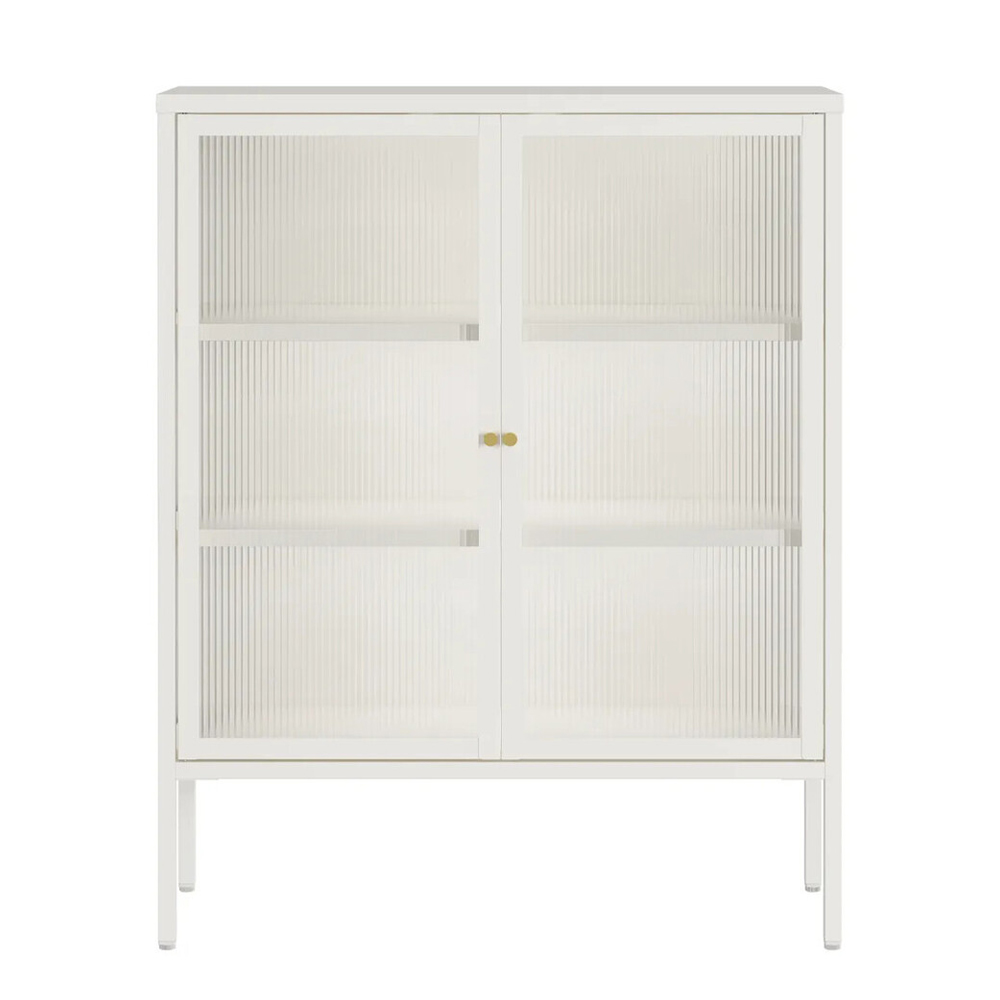 Athero Metal Storage Cabinet with 2 Fluted Glass Doors in White