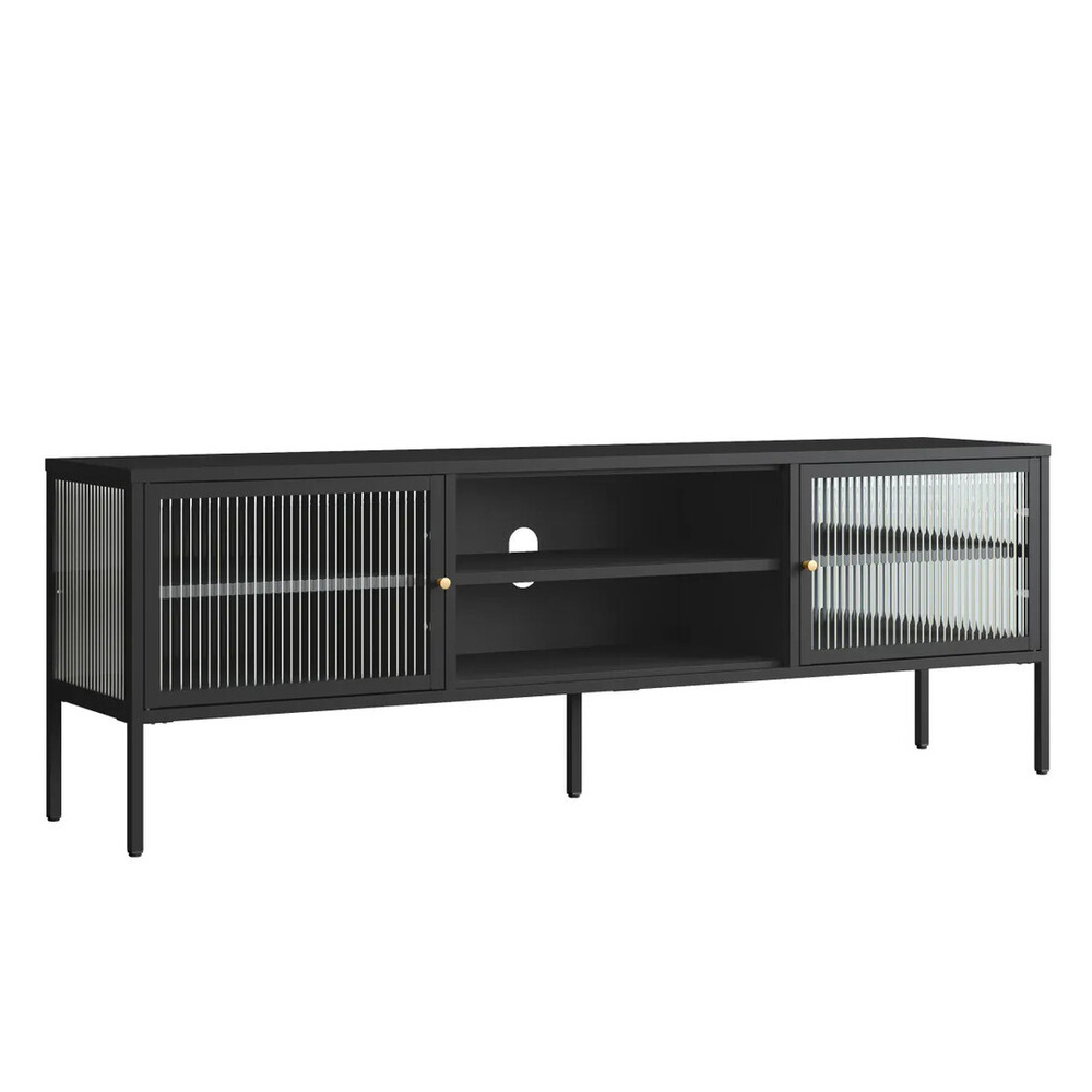 Athero Metal TV Stand with 2 Fluted Glass Doors in Black