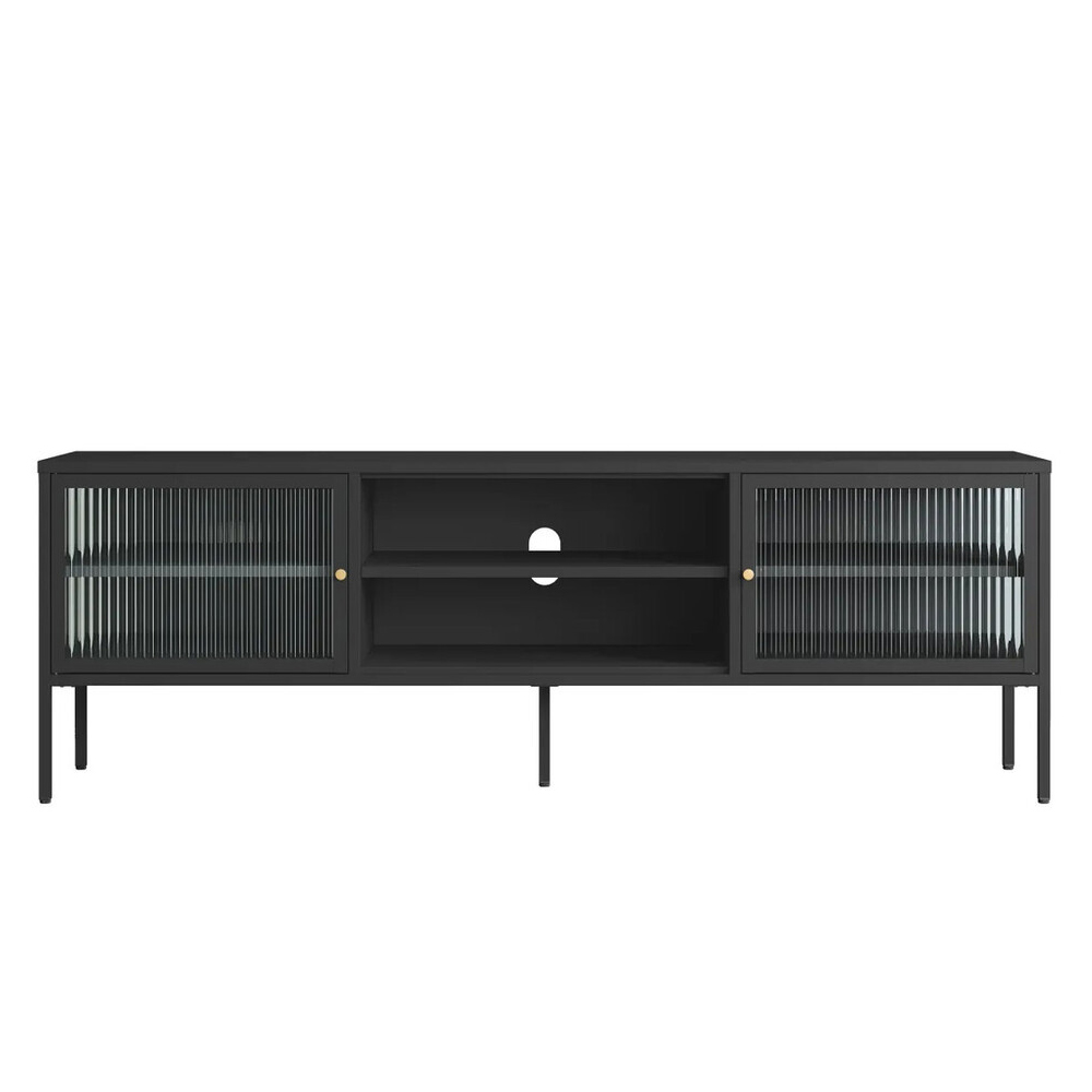 Athero Metal TV Stand with 2 Fluted Glass Doors in Black