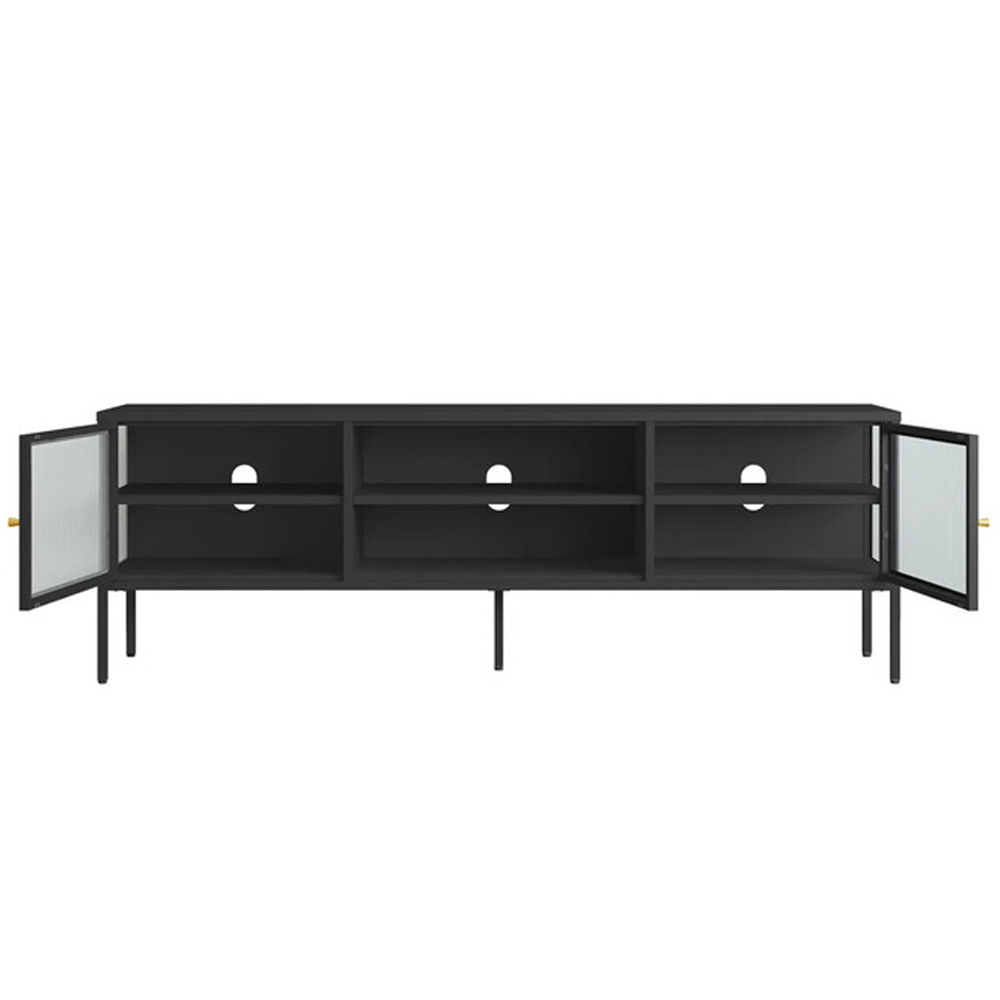Athero Metal TV Stand with 2 Fluted Glass Doors in Black