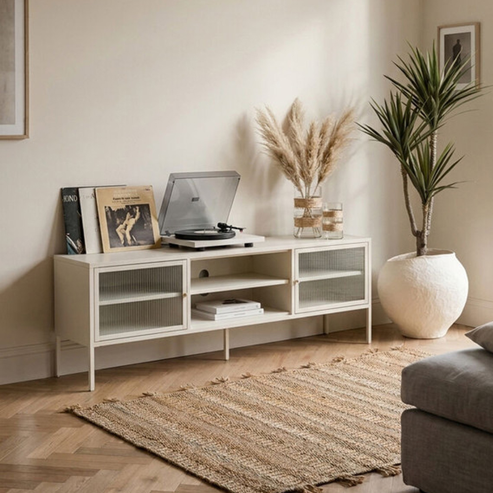Athero Metal TV Stand with 2 Fluted Glass Doors in White