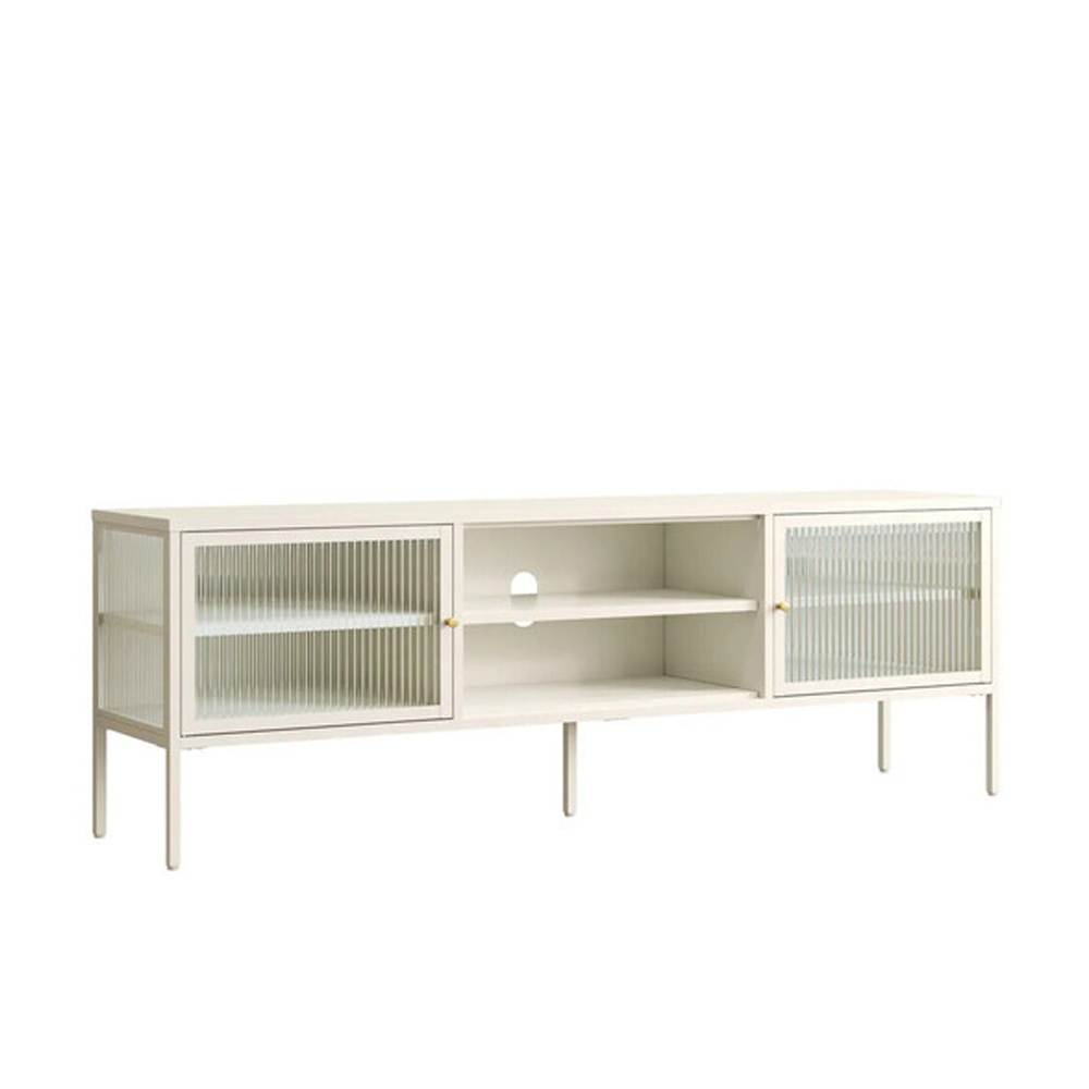 Athero Metal TV Stand with 2 Fluted Glass Doors in White