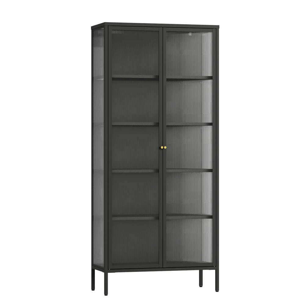 Athero Tall Metal Storage Cabinet with 2 Fluted Glass Doors in Black
