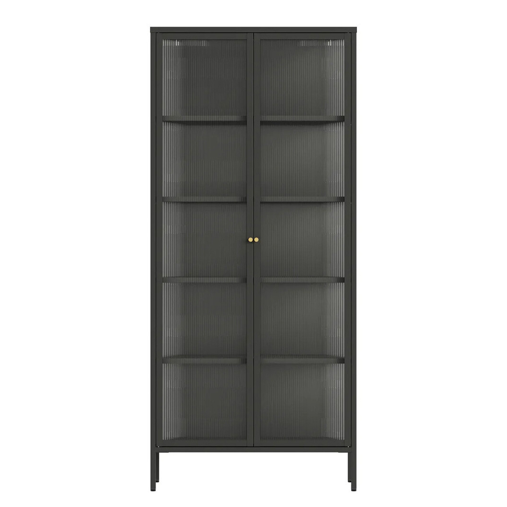 Athero Tall Metal Storage Cabinet with 2 Fluted Glass Doors in Black