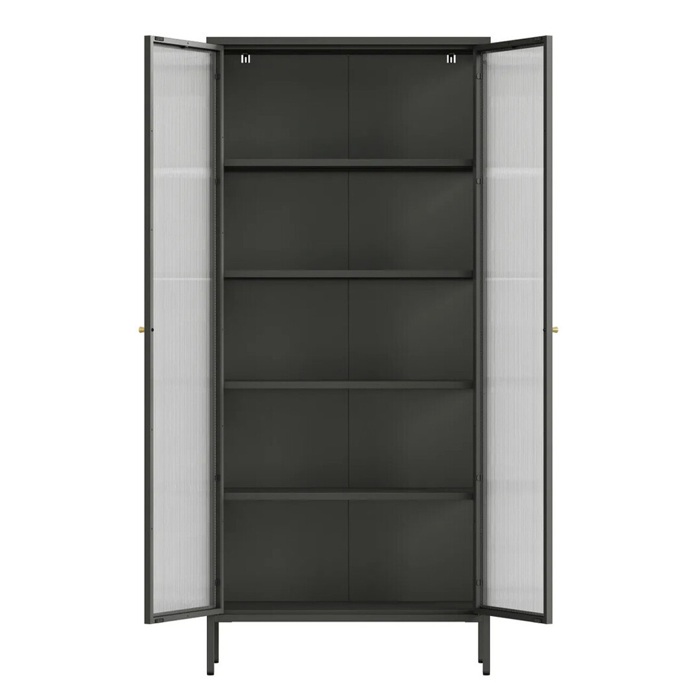 Athero Tall Metal Storage Cabinet with 2 Fluted Glass Doors in Black