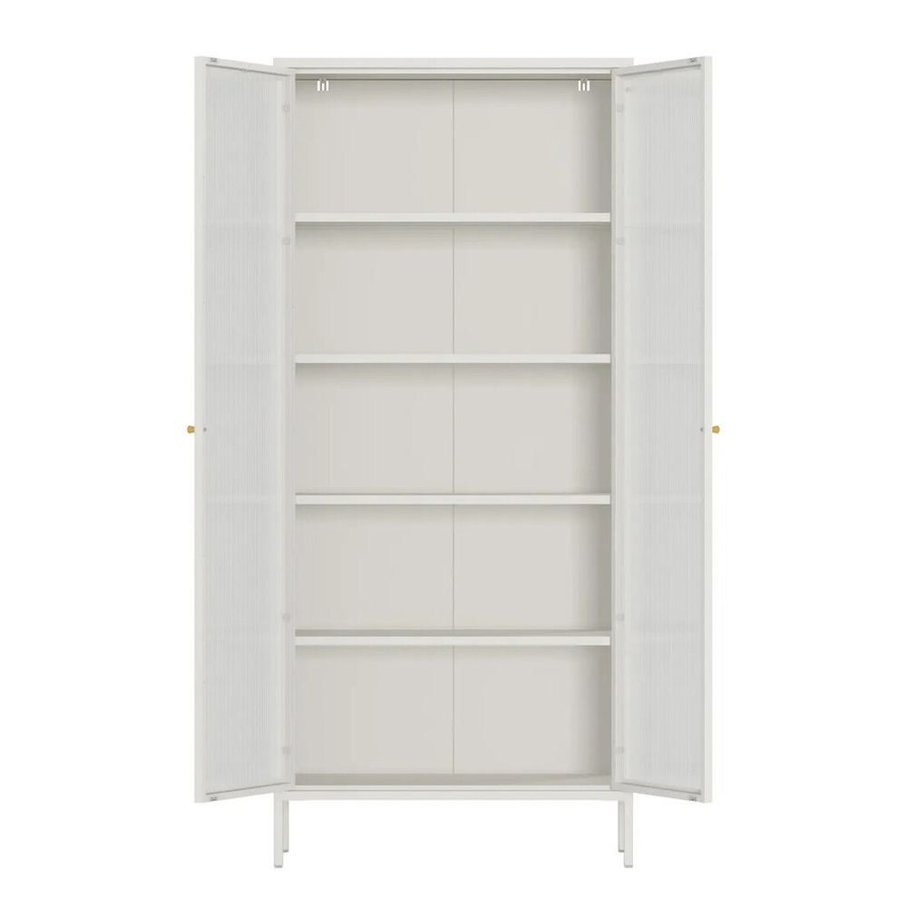 Athero Tall Metal Storage Cabinet with 2 Fluted Glass Doors in White