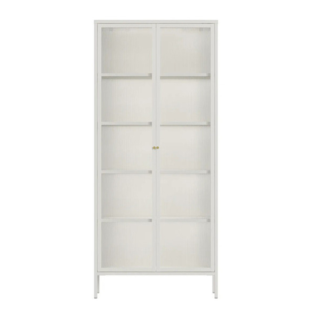 Athero Tall Metal Storage Cabinet with 2 Fluted Glass Doors in White