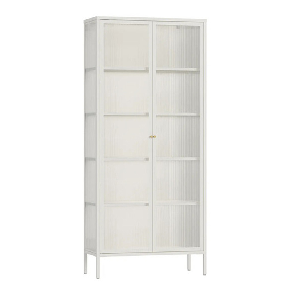 Athero Tall Metal Storage Cabinet with 2 Fluted Glass Doors in White