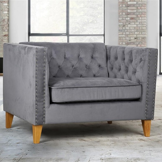 Atherton Fabric Sofa Chair In Grey Velvet With Wooden Legs Furniture