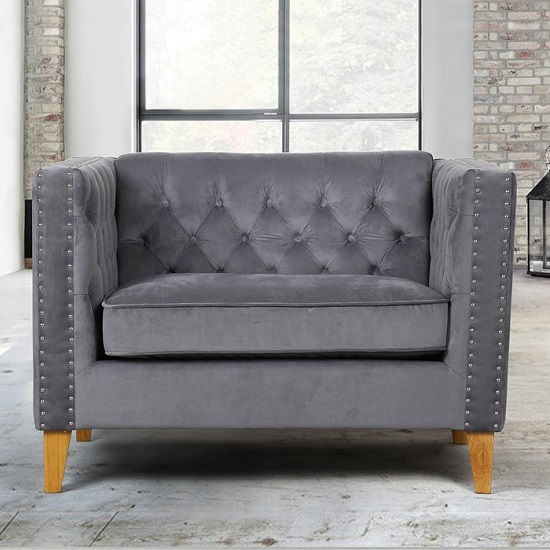 Atherton Fabric Sofa Chair In Grey Velvet With Wooden Legs_2