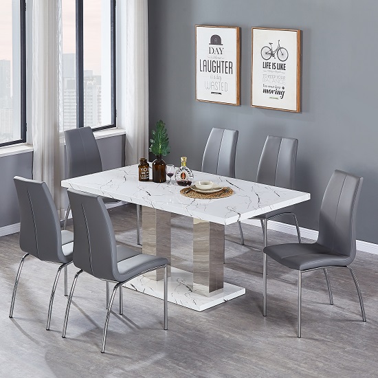 Atlanta Dining Table In Marble Effect Gloss With 6 Grey Chairs Furniture In Fashion