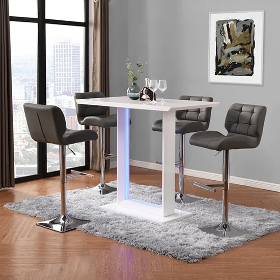 Atlantis LED High Gloss Bar Table With 4 Candid Grey Stools Furniture