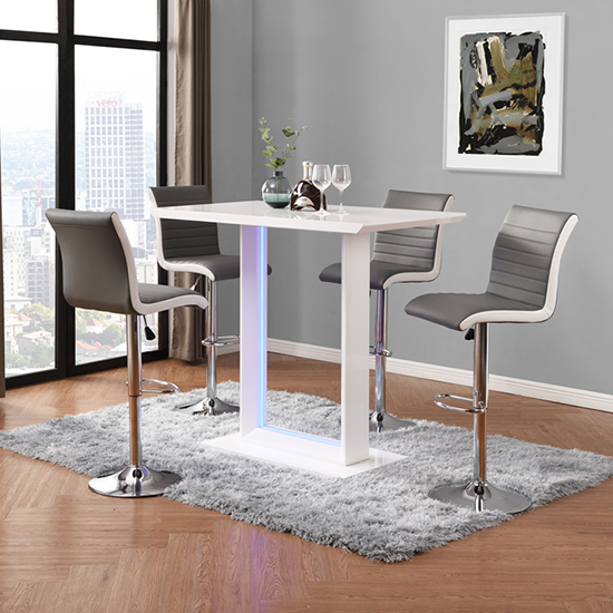 Atlantis LED High Gloss Bar Table With 4 Ritz Grey White Stools