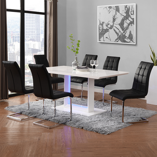 Atlantis LED Large High Gloss Dining Table 6 Paris Black Chairs