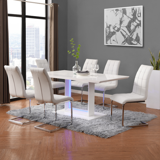Atlantis LED Large High Gloss Dining Table 6 Paris White Chairs_1