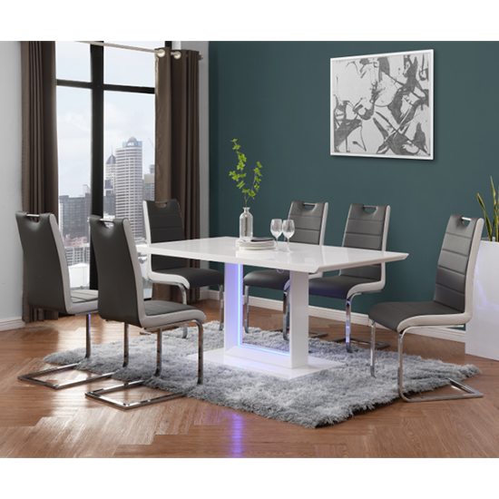 Atlantis LED Large Gloss Dining Table 6 Petra Grey White Chairs