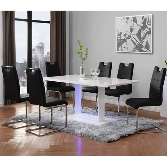 Atlantis LED Large High Gloss Dining Table 6 Petra Black Chairs_1