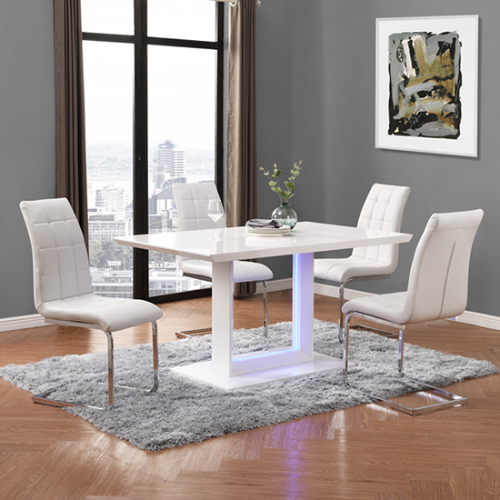 Atlantis LED Small High Gloss Dining Table 4 Paris White Chairs