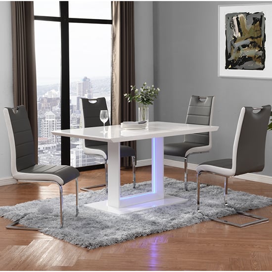 Atlantis LED Small Gloss Dining Table 4 Petra Grey White Chairs
