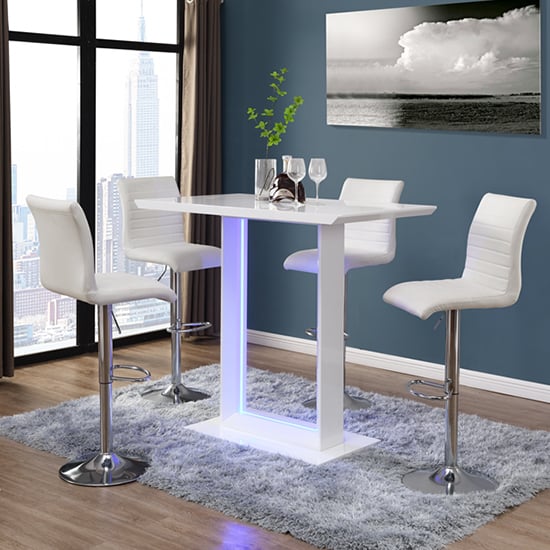 Atlantis LED High Gloss Bar Table With 4 Ripple White Stools