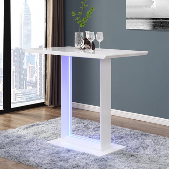 Atlantis High Gloss Bar Table In White With LED Lighting Furniture in