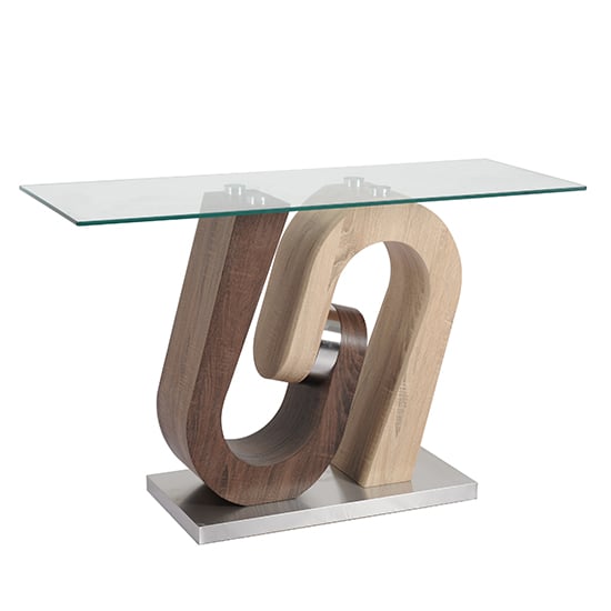 Product photograph of Atlas Glass Console Table With Wooden And Steel Base from Furniture in Fashion