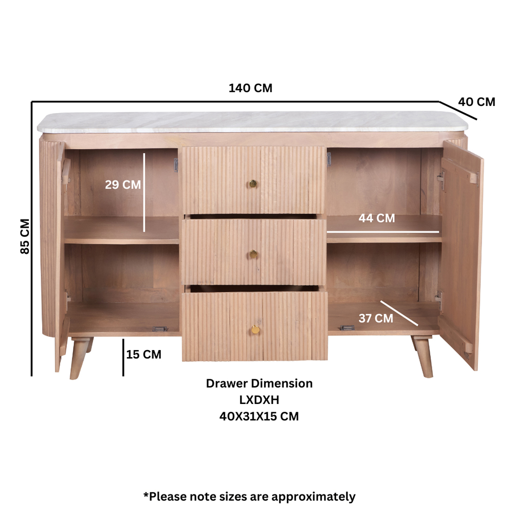 Attalla White Marble Top Sideboard With 2 Doors 3 Drawers In Natural