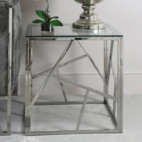 Product photograph of Attica Clear Glass End Table With Chrome Stainless Steel Base from Furniture in Fashion