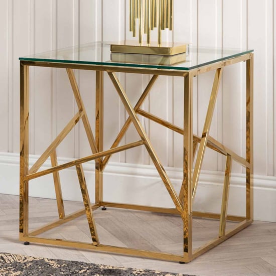 Product photograph of Attica Clear Glass End Table With Gold Stainless Steel Base from Furniture in Fashion