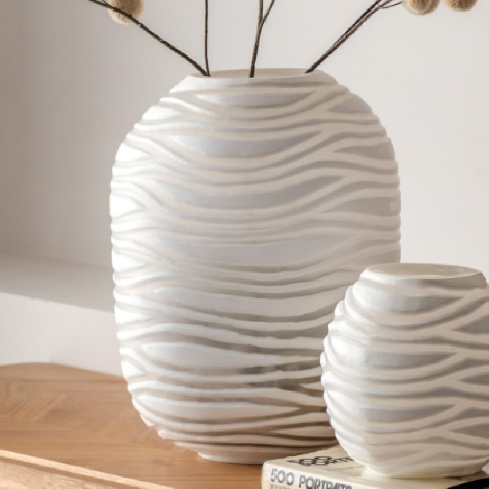 Attica Large Glass Hand Blown Carved Vase In White
