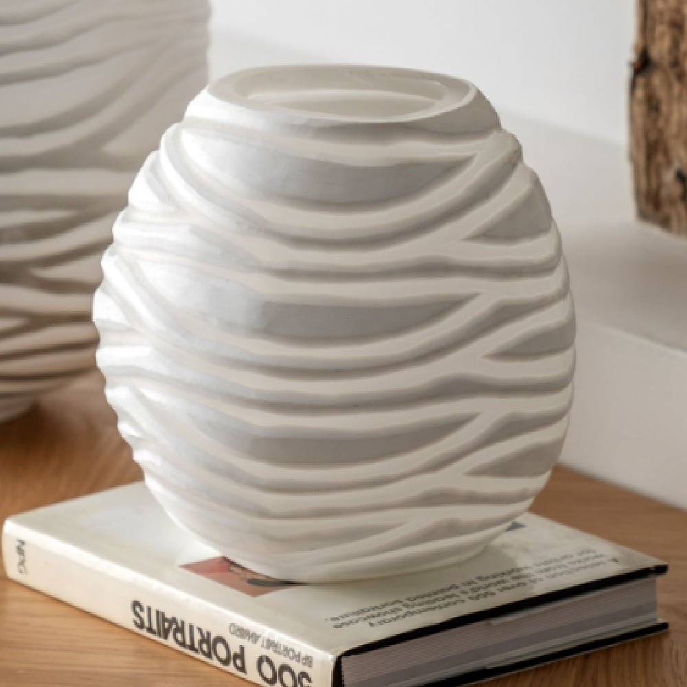 Attica Small Glass Hand Blown Carved Vase In White