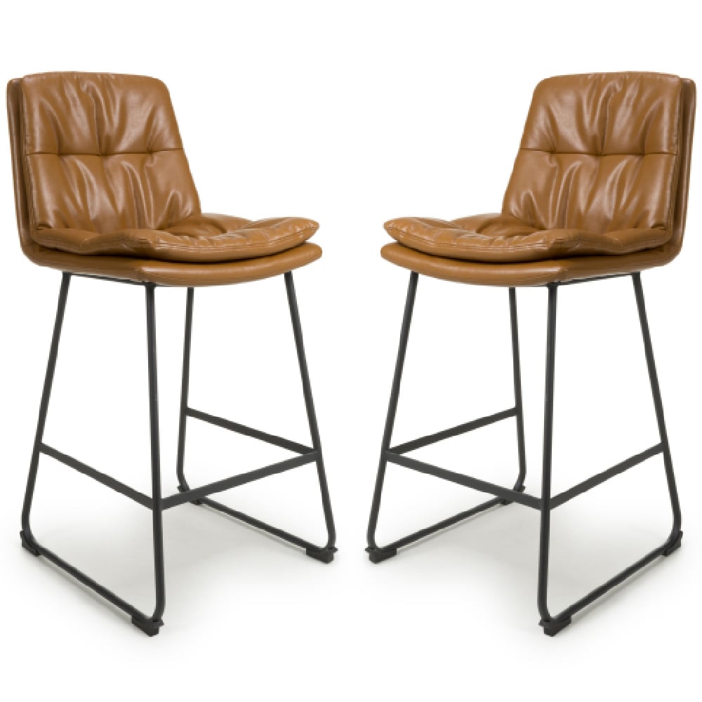 Read more about Attica tan leather bar chairs with metal legs in pair