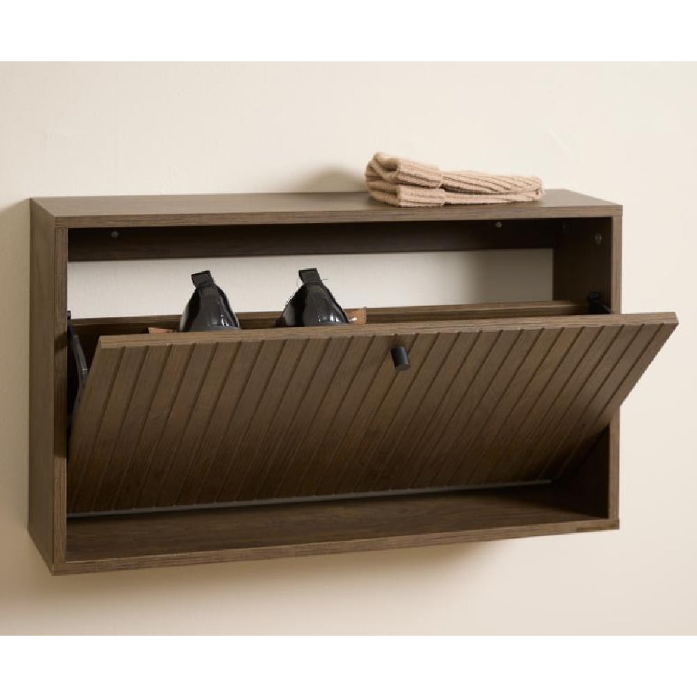 Attica Wall Hung Wooden Shoe Cabinet With Flip Door In Smoked Oak