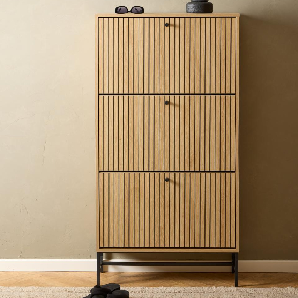 Attica Wooden Shoe Cabinet With 3 Flip Doors In Oak And Matt Black