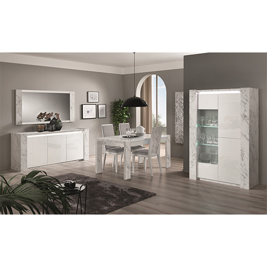 Attoria Small High Gloss Dining Table In White Marble Effect