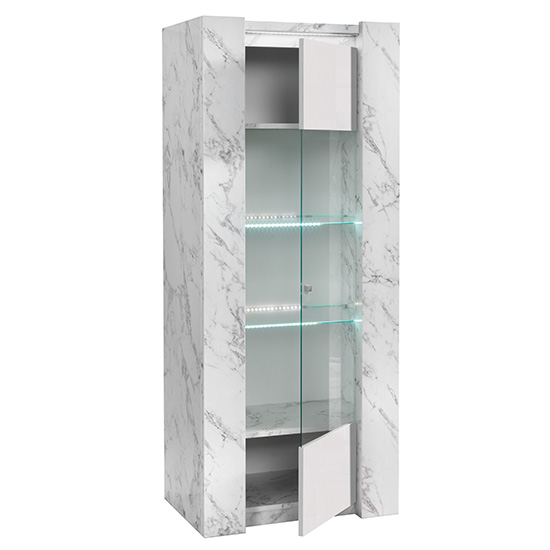 Attoria High Gloss Display Cabinet with 1 Door in White Marble Effect and LED