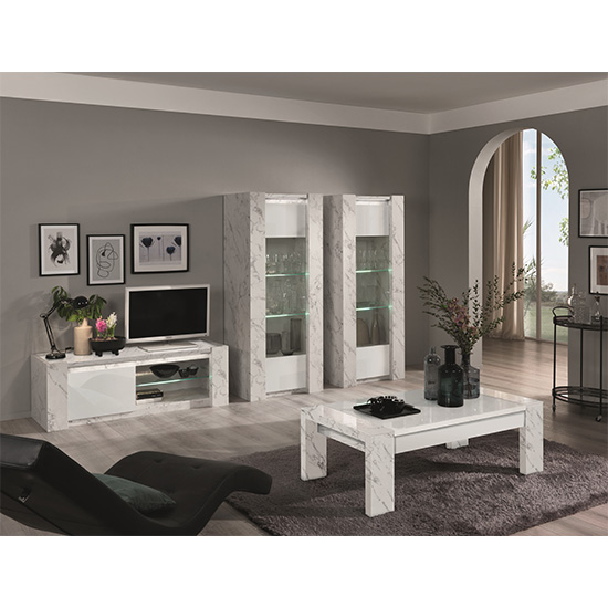 Attoria High Gloss Display Cabinet with 1 Door in White Marble Effect and LED