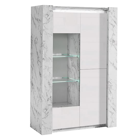 Attoria High Gloss Display Cabinet with 2 Doors in White Marble Effect and LED