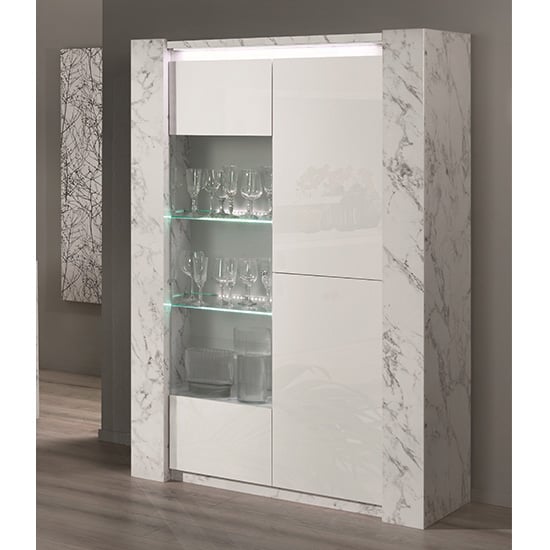 Product photograph of Attoria Led 2 Door Wooden Display Cabinet White Marble Effect from Furniture in Fashion