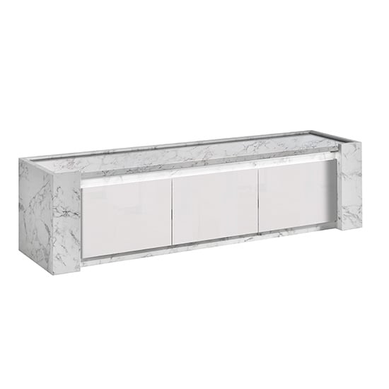 Attoria Large High Gloss TV Stand In White Marble Effect and LED