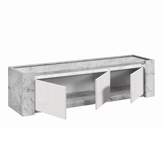 Attoria Large High Gloss TV Stand In White Marble Effect and LED