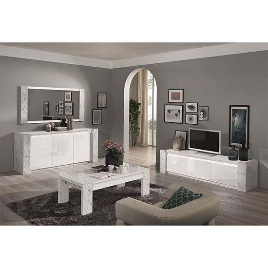 Attoria Large High Gloss TV Stand In White Marble Effect and LED